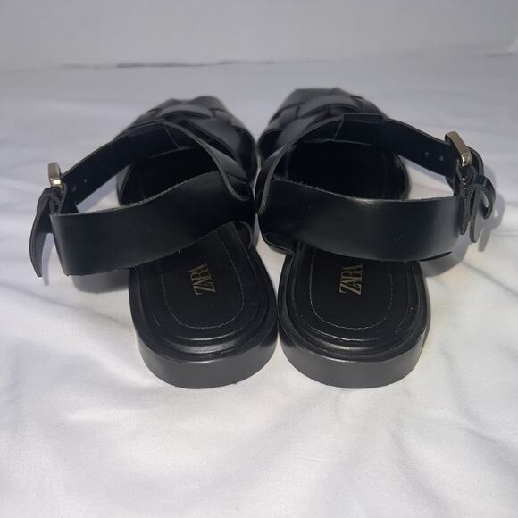 Zara Fisherman Sandals Size 39 (8) Black Gladiator Leather Caged Toe Flat Casual - Picture 4 of 10